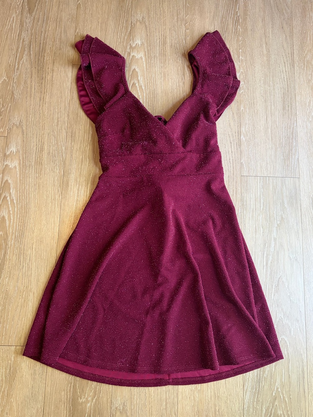 Altar’d State Ruffled Sleeve Shimmer V-Neck Fit & Flare Dress- Maroon/Burgandy